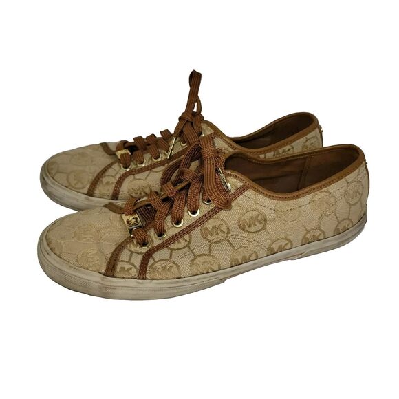 Michael Kors Shoes - Michael Kors Womens Sz 9.5 M Brown MK Monogram Canvas Beige Sneakers Preppy Gold